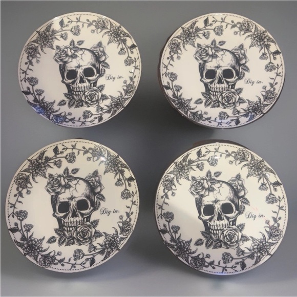 10 Strawberry Street Halloween “Dig In” Sugar Skull 8” Salad Plates Set of 4 New - Picture 1 of 7